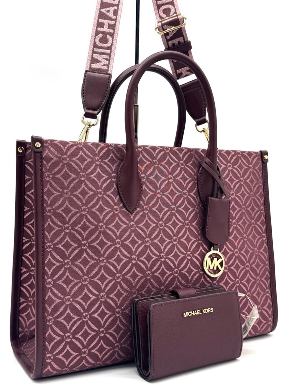 Michael Kors Medium Mirella Tote Bag & Matching Bifold Zip Chain Wallet Ox Blood